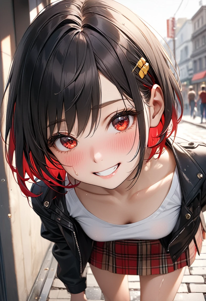 (8k, RAW Photos, Highest quality, masterpiece: 1.2), masterpiece, Super Detail,Best lighting, (Realistic and photorealistic photography: 1.4), High-resolution RAW color photos, Highly detailed mouth,ung cute girl, Background Blur, blush, Depth of written boundary, Hair between the eyes,short hair,(red inner hair with yellow hairpin:1.2),(red eyes:1.3),(Oily skin:1.1), Embarrassed,(grin:1.2),Black Hair,in the messy Restroom,glitter skin,short,young,,medium breasts,Looking at viewer,black jacket,White red t shirt,Burberry chckered miniskirt,(she is walking nearby us on the pavement and talk to us:1.3)