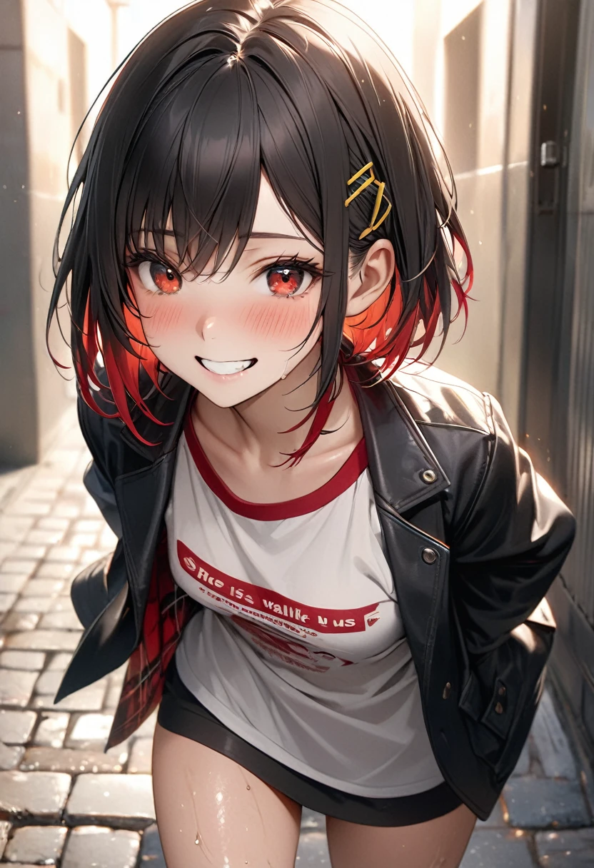 (8k, RAW Photos, Highest quality, masterpiece: 1.2), masterpiece, Super Detail,Best lighting, (Realistic and photorealistic photography: 1.4), High-resolution RAW color photos, Highly detailed mouth,ung cute girl, Background Blur, blush, Depth of written boundary, Hair between the eyes,short hair,(red inner hair with yellow hairpin:1.2),(red eyes:1.3),(Oily skin:1.1), Embarrassed,(grin:1.2),Black Hair,in the messy Restroom,glitter skin,short,young,,medium breasts,Looking at viewer,black jacket,White red t shirt,Burberry chckered miniskirt,(she is walking nearby us on the pavement and talk to us:1.3)