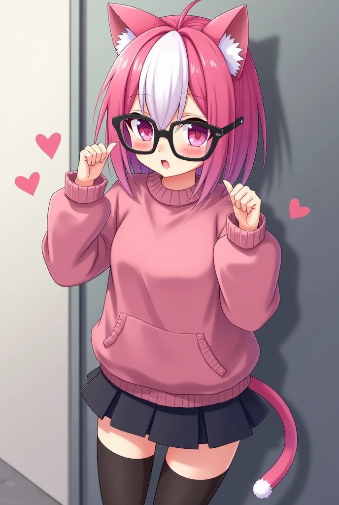 I have pink white hair, cat ears, a bow, My face is super blushing, black glasses, pink heart eyes, a big pink sweatshirt, a skirt under her skirt a black short, black stockings, White shoes, a cat's tail, A very shy girl I'm hitting you against a wall grabbing her butt