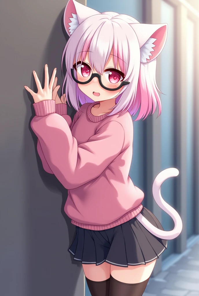 I have pink white hair, cat ears, a bow, My face is super blushing, black glasses, pink heart eyes, a big pink sweatshirt, a skirt under her skirt a black short, black stockings, White shoes, a cat's tail, A very shy girl I'm hitting you against a wall grabbing her butt