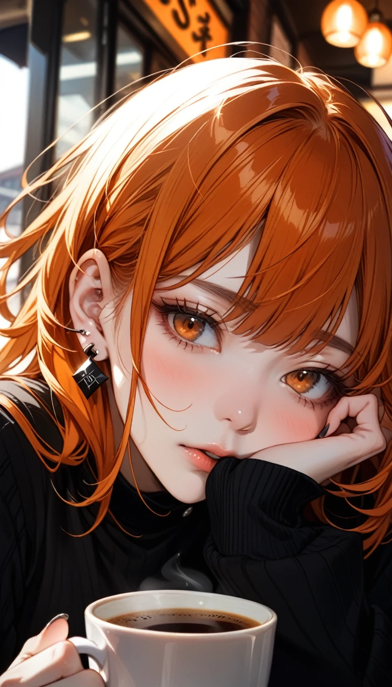 High resolution, masterpiece, Highest quality, Ultra high definition, 2Colored Hair, one person, 独奏, Earrings, Close your mouth, Close-up, Drinking coffee at a cafe,Sulky face,Orange Hair、