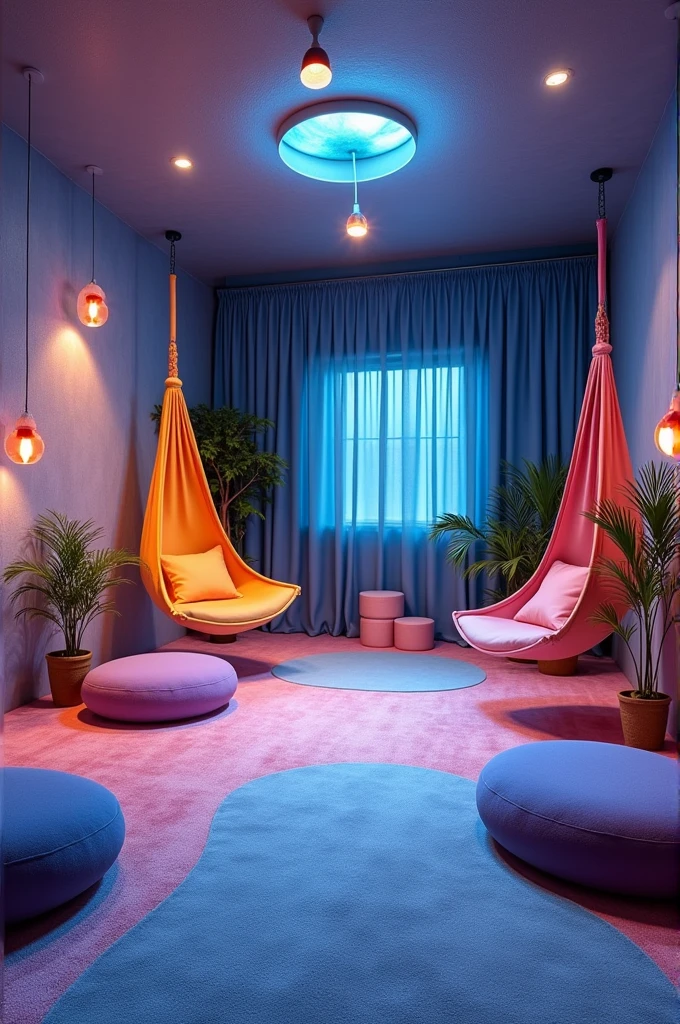 Sensory room for adults, that has massage cushions, hammocks, Aromatherapy, Carpet on the floor,  interactive elements, masses or slime to relax