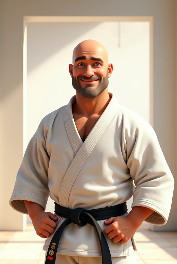 A bald man with blue eyes and a beard with a slight smile in a white judo kimono with a black belt, en style pixar
