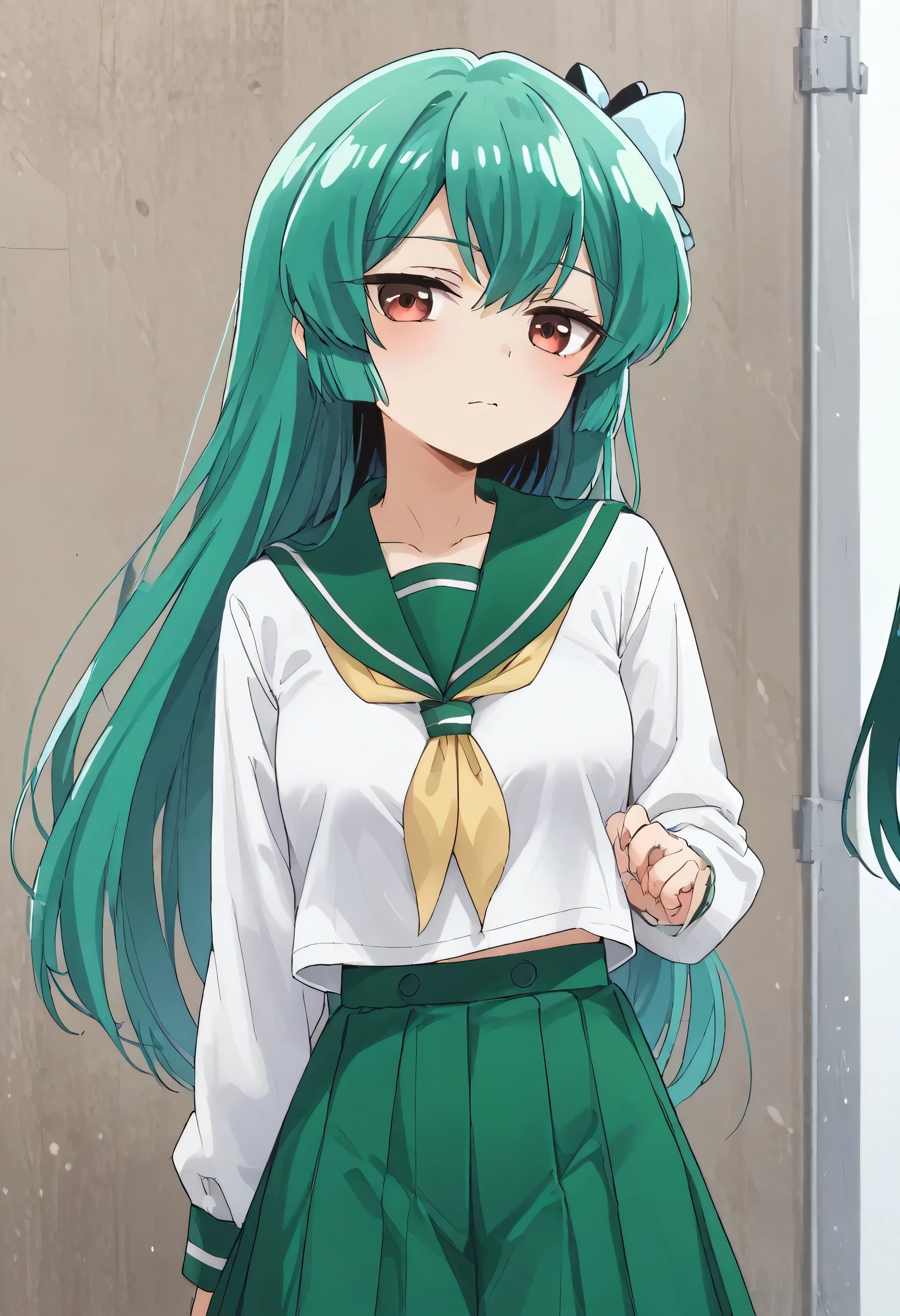 sayo minakami, long hair, brown eyes, bow, hair bow, green hair,
skirt, shirt, long sleeves, school uniform, white shirt, pleated skirt, serafuku, sailor collar, neckerchief, green skirt, green sailor collar,