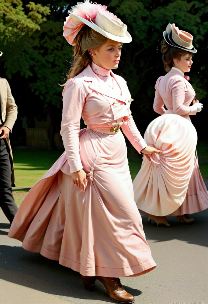 A sexy 14yo Gibson Girl walking down a windy street. Year 1902. 1900_dr3ss. Pink high-collar long sleeve shirtwaist, ornate picture hat, long skirt, petticoats, silk stockings, boots. Thotty demeanor. Hourglass figure. Flat chest, wasp waist, bubble butt. Edwardian setting.