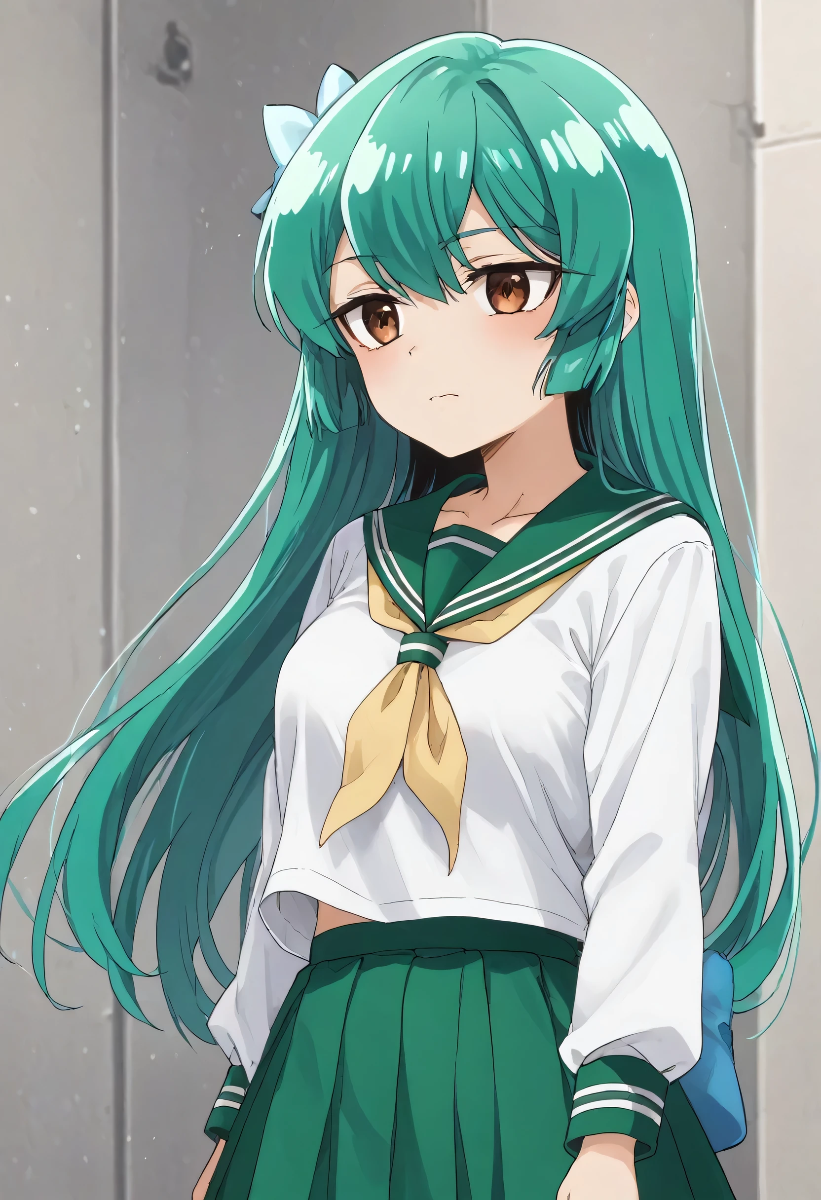 sayo minakami, long hair, brown eyes, bow, hair bow, green hair,
skirt, shirt, long sleeves, school uniform, white shirt, pleated skirt, serafuku, sailor collar, neckerchief, green skirt, green sailor collar,