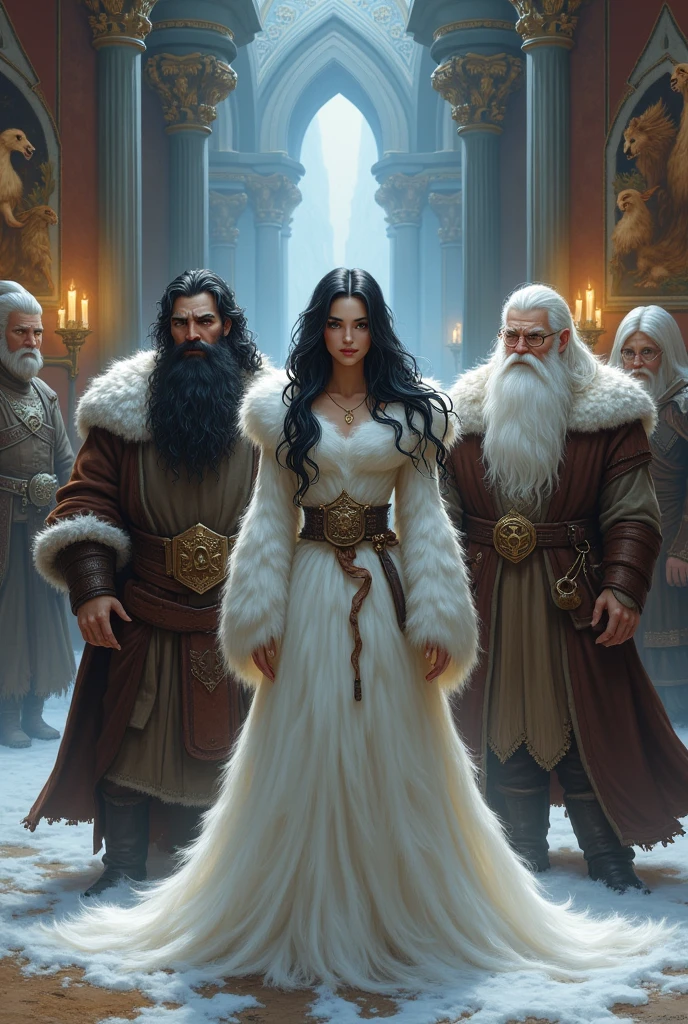 A long black-haired princess wearing a winter dress made of white bear fur. accompanied by two dwarves. One of them has a black beard and the other has a white beard and wears glasses.!
They are inside a museum with paintings and statues of magical heroes.
