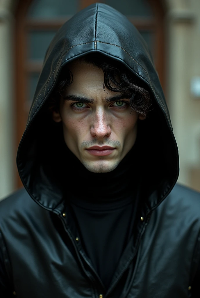 A rogue white MAN, pale with green eyes, black curly hair with 1,70 tall, skinny in black leather clothes and hoodie