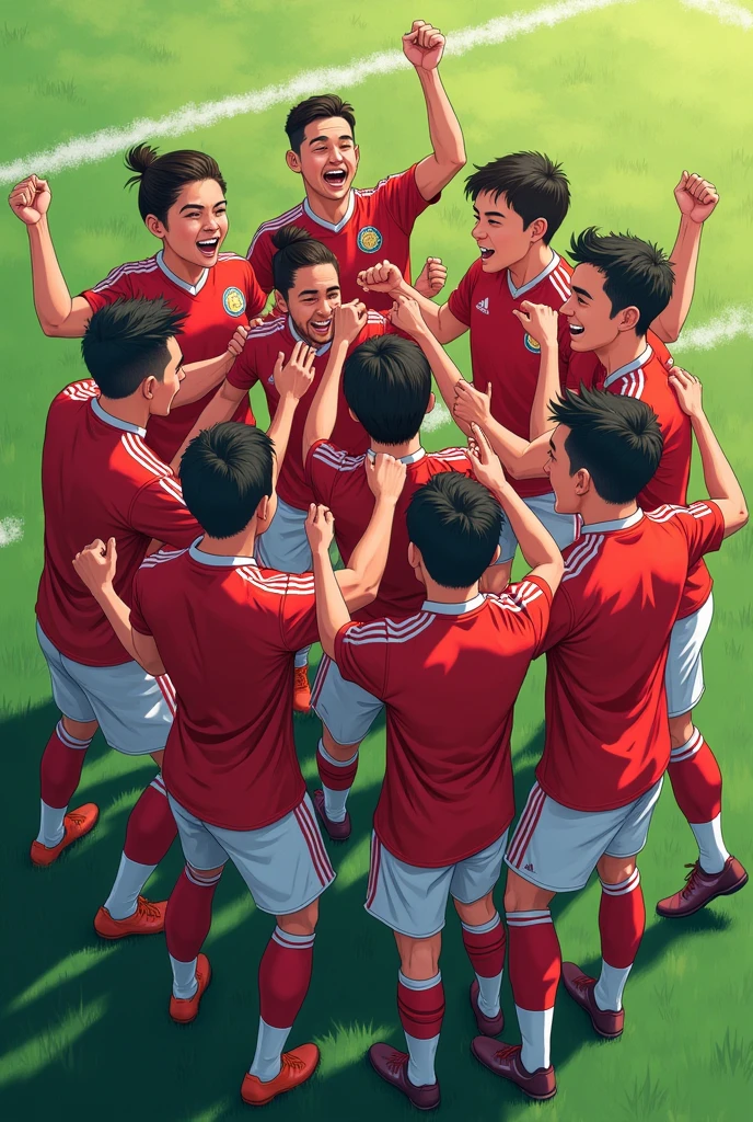 Player celebrating goal with the whole team, coaches, starting and substitute players celebrating together, not so together
