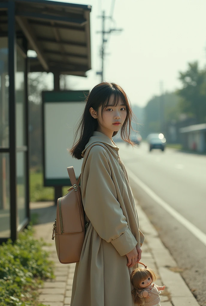 Shanghai，35mm lens，Multiple angles，Countryside scenery，suburban，Back，side，contour，Overhead shot，Cat，permanent，toy doll，Carrying a small school bag，bus stop，Shanghai， cloak,Ruan Jia,Set,tie, (Delicate face), (Fine hairs)，（35mm Cinema Lens），（Multi-angle shooting），（many viewing angles）