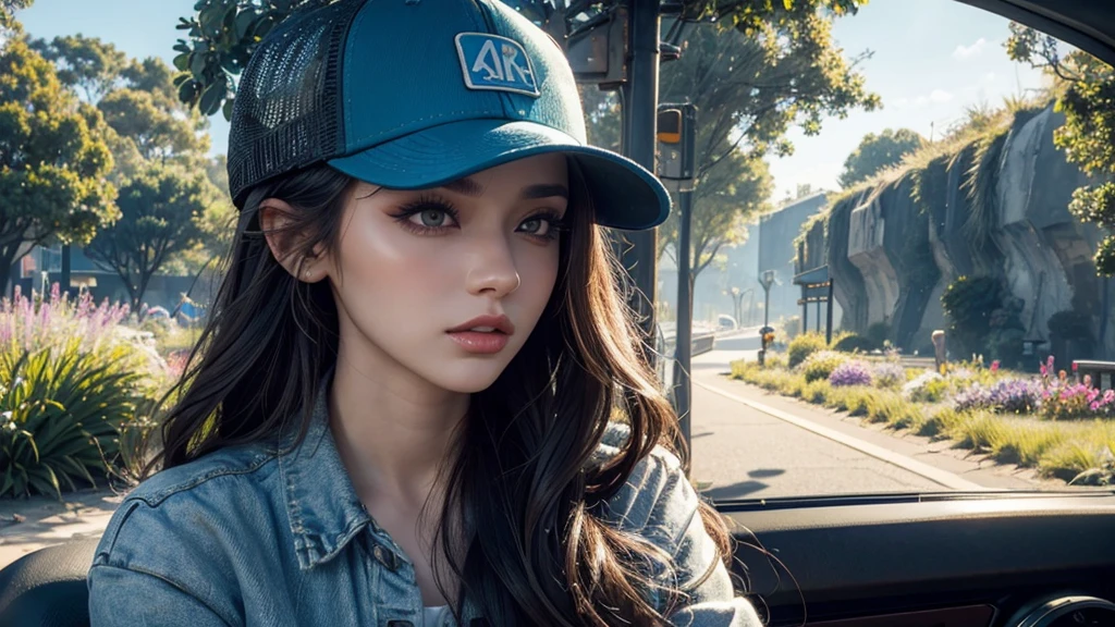 a beautiful woman complete with full make up, beautiful face, beautiful hair, beautiful lips, RIDE BYCICLE, stopping for a moment to look at the sky, wearing a trucker hat, her clothes tied around her waist, casual, 4k, 8k, full hd resolution, colorful atmosphere, very beautiful to look at, DRAMATIC COLORFUL FANTASY GARDEN FUTURISTIC BACKGROUND
