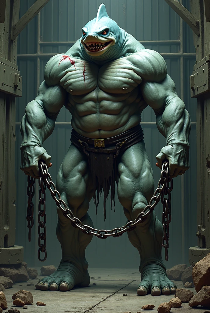strong humanoid with shark head and closed mouth, holding a chain in front of a steel cage, defined legs, calm without aggression, imposing serious power without showing teeth, hidden teeth , bleeding wound with scar