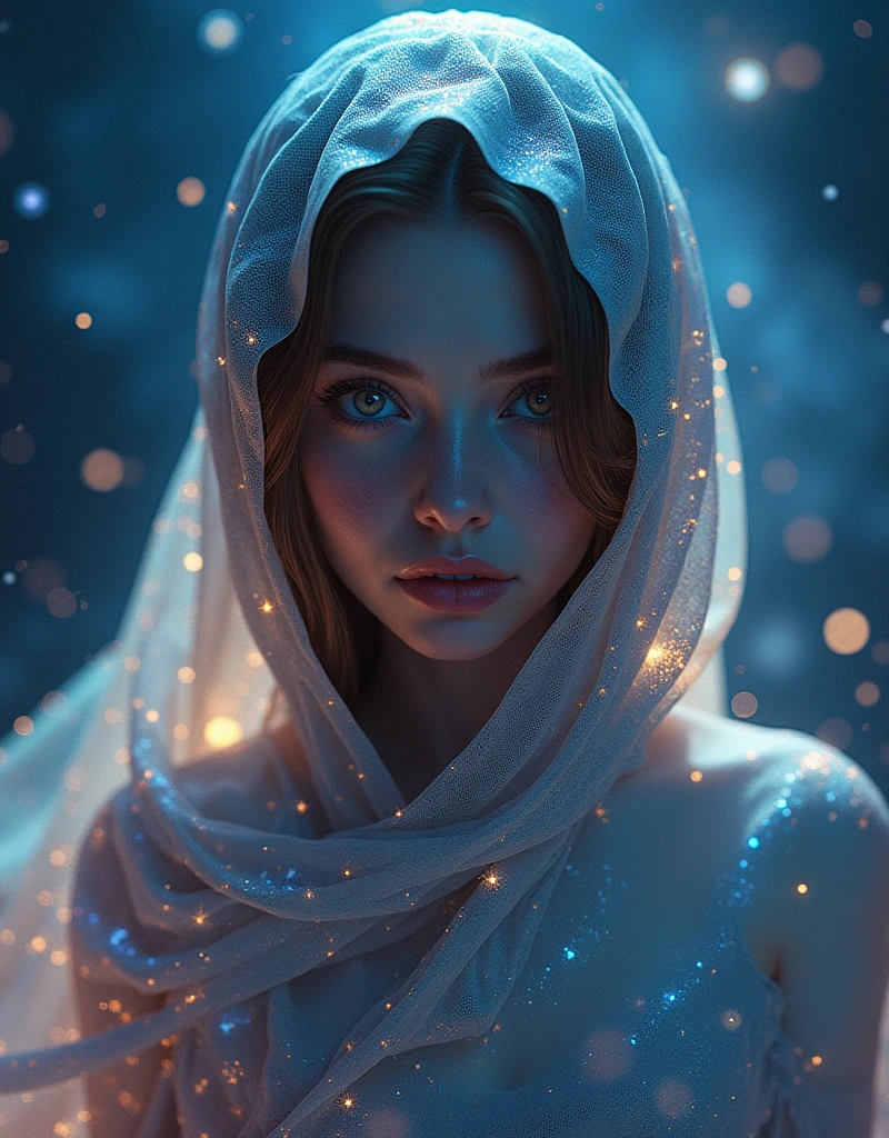 A mysteriously ephemeral celestial wanderer, perfect and expressive face, facing the viewer, whose silhouette blends perfectly with the cosmic backdrop of swirling stars and galaxies. This conceptual artwork is a digital painting that features intricate detail and depth. The wanderer's iridescent cape glows with ethereal hues, every fold and curve illuminated by an otherworldly glow. His eyes, wells of profound mystery, seem to hold secrets from the universe itself. A mesmerizing image that transports viewers to a realm beyond imagination, capturing the essence of celestial beauty and enigma.
