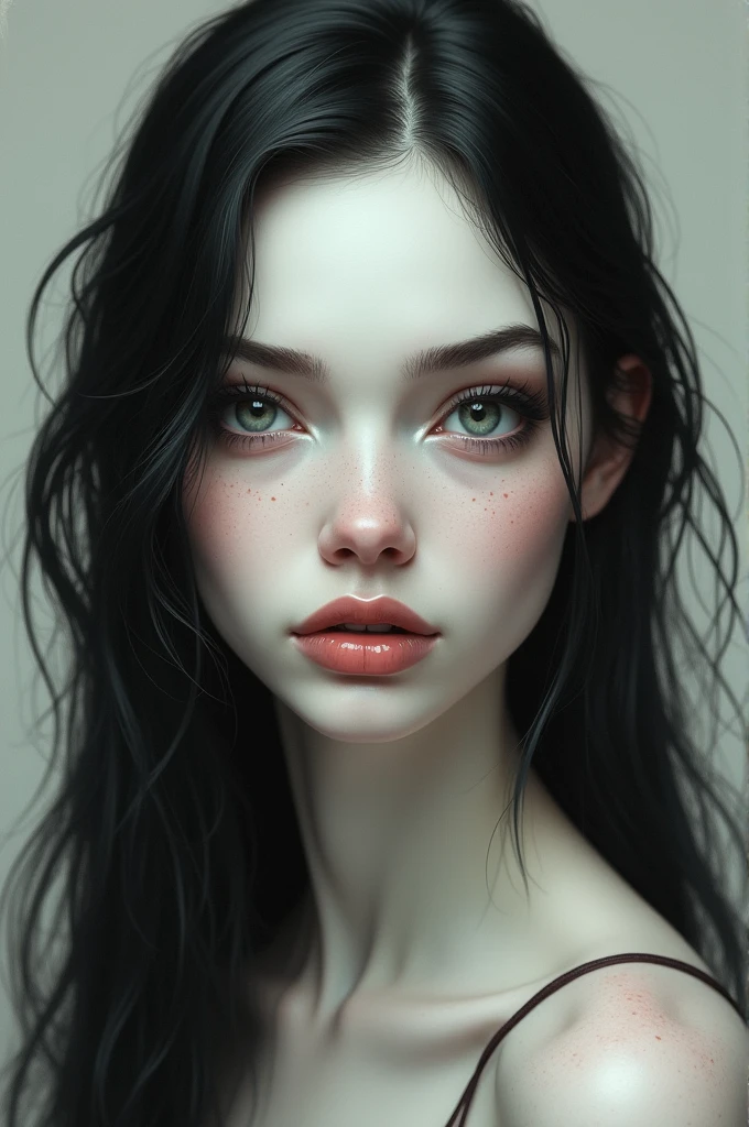 A woman who looks like Marceline, but with white skin, defined face with dimples and without pointy teeth realistic version