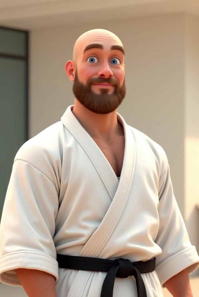 A bald man with blue eyes and a beard with a slight smile in a white judo kimono with a black belt, en style pixar