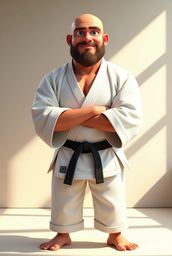 A bald man with blue eyes and a beard with a slight smile in a white judo kimono with a black belt, en style pixar