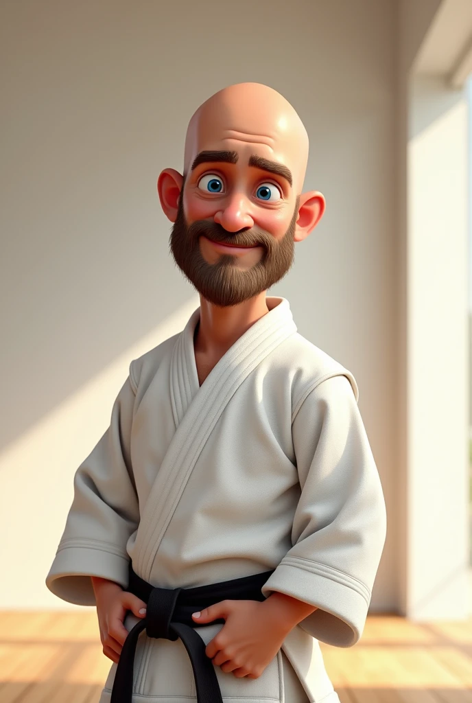 A bald man with blue eyes and a beard with a slight smile in a white judo kimono with a black belt, en style pixar