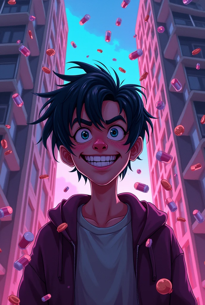 Drugs,pills,extasy,slight evil laugh,cartoon,animated,criminal,Sweet,ager,sky,high,stoned,joynt,smoking,Evil look,drug paradise,1 person,skyscraper,block