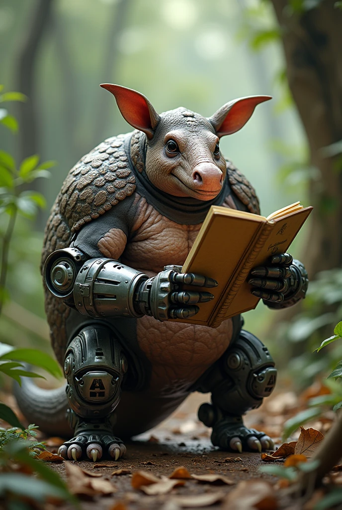 Muscular armadillo with robotic arm and notebook