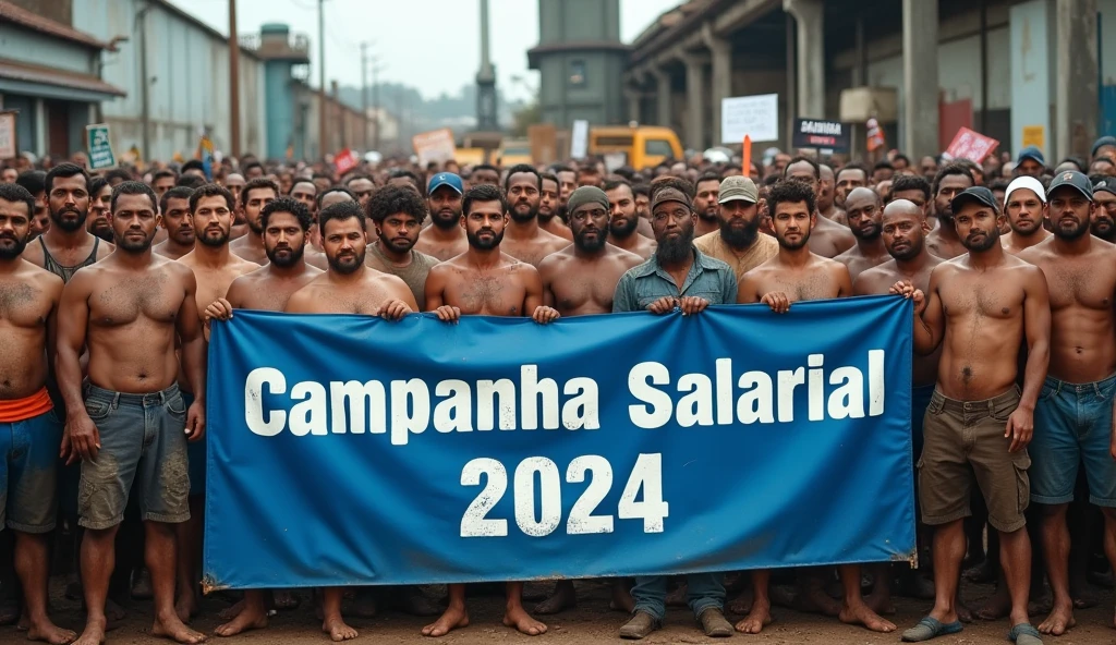 A high-definition Canon DSLR photo of a large group of Brazilian bees metalworkers standing united in front of a factory. Their skin and uniforms are marked with dirt, and they hold a large blue banner with white text that reads "Campanha Salarial 2024". In the background, more workers hold various banners and posters, adding depth and energy to the scene, caveman era. 