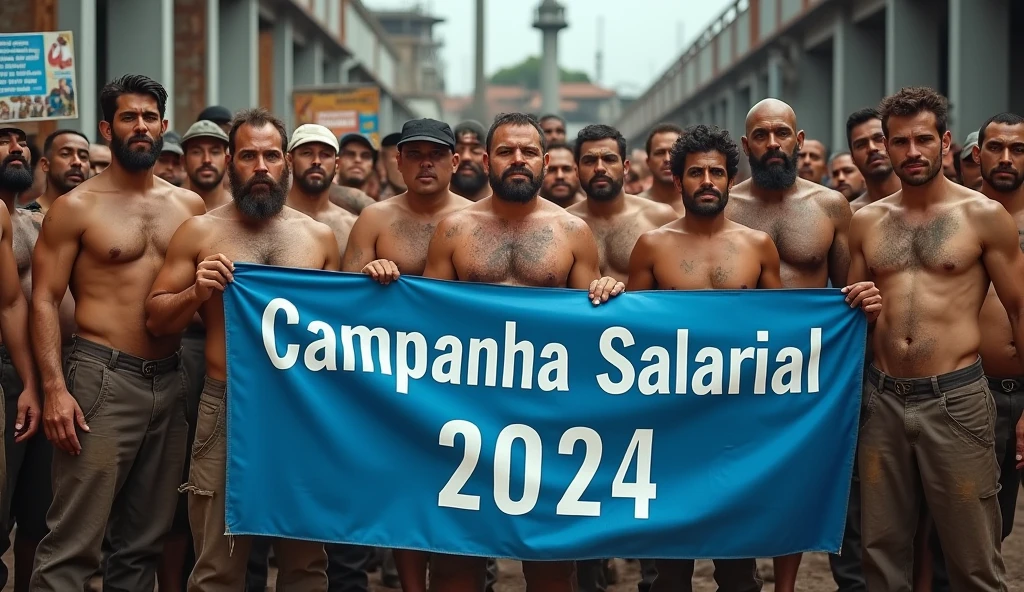 A high-definition Canon DSLR photo of a large group of Brazilian bees metalworkers standing united in front of a factory. Their skin and uniforms are marked with dirt, and they hold a large blue banner with white text that reads "Campanha Salarial 2024". In the background, more workers hold various banners and posters, adding depth and energy to the scene, caveman era.