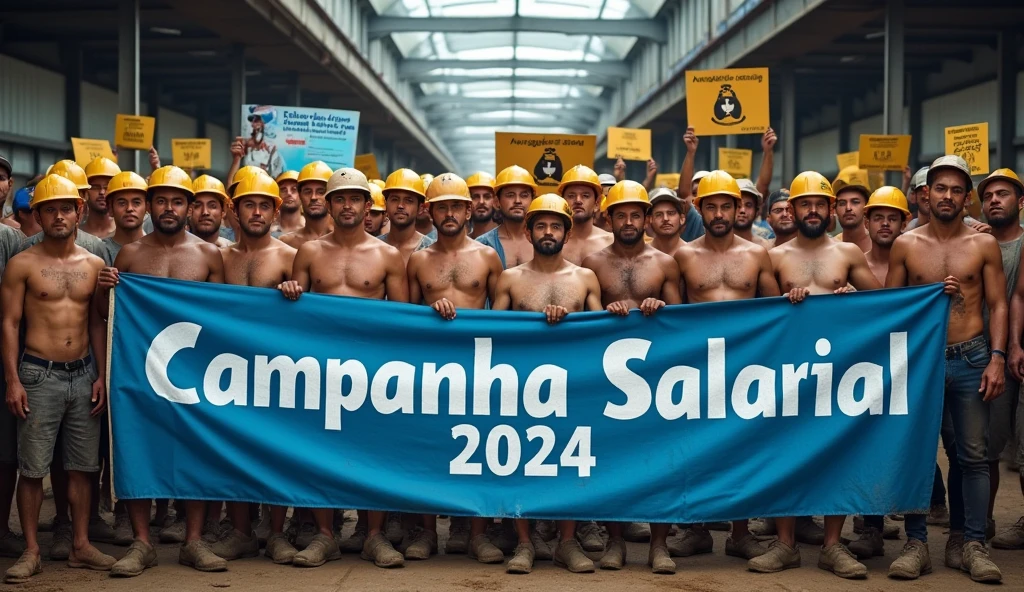 A high-definition Canon DSLR photo of a large group of Brazilian bees metalworkers standing united in front of a factory. Their skin and uniforms are marked with dirt, and they hold a large blue banner with white text that reads "Campanha Salarial 2024". In the background, more workers hold various banners and posters, adding depth and energy to the scene, caveman era.