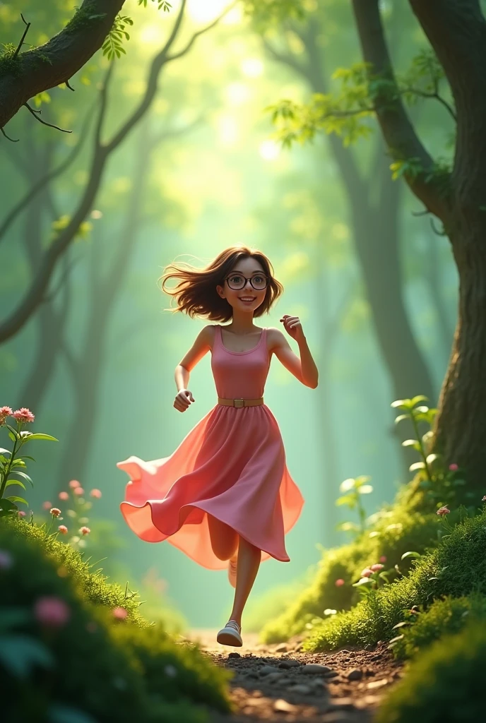 30 year old woman, running in the forest, wearing glasses, brown eyes and short hair,
pink dress