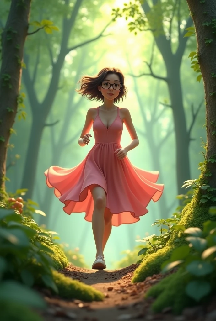 30 year old woman, running in the forest, wearing glasses, brown eyes and short hair,
pink dress