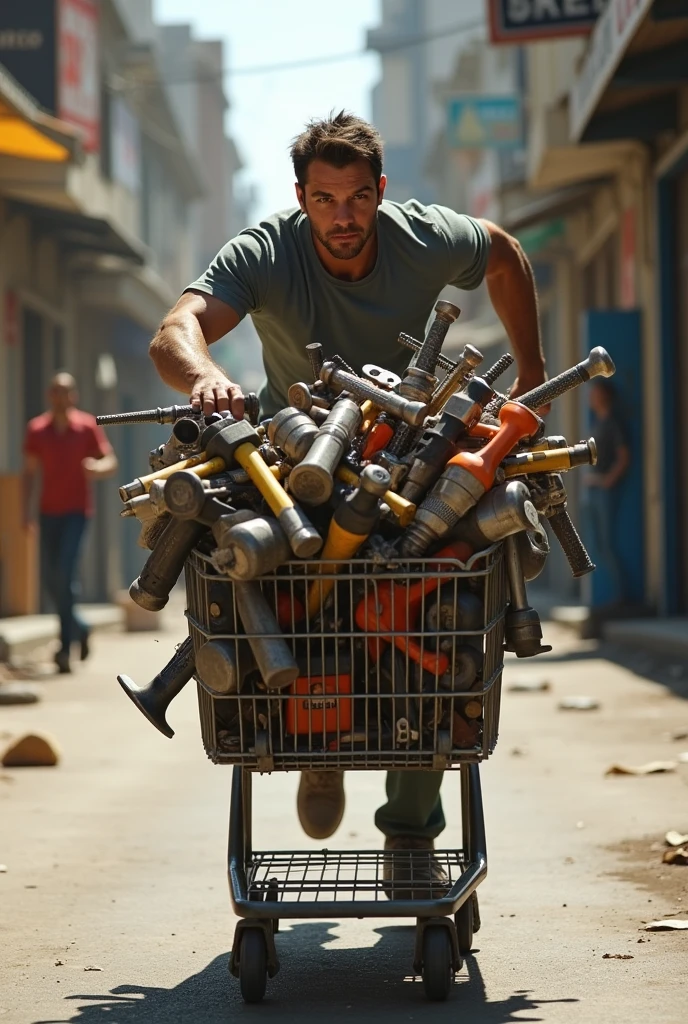Man running with his shopping cart full of tools