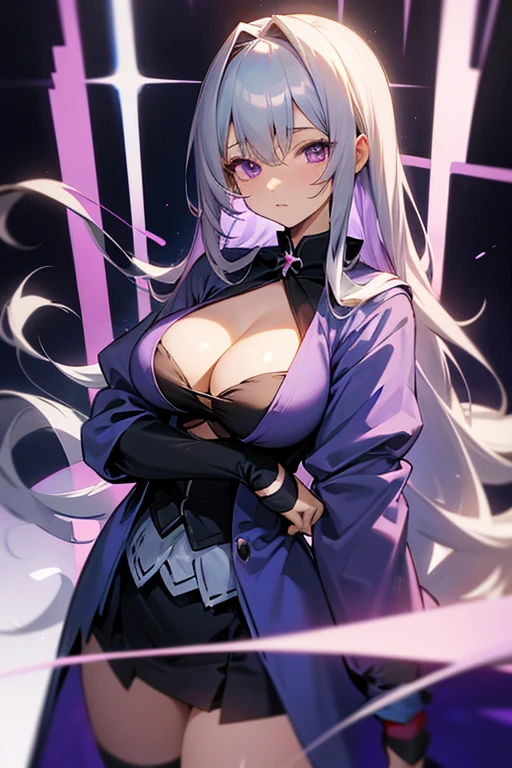 anime girl, mahou shoujo, large breasts, cleavage, low-tied long hair, silver hair, purple eyes, looking at viewer, female focus, cowboy shot, dungeon, moody lighting