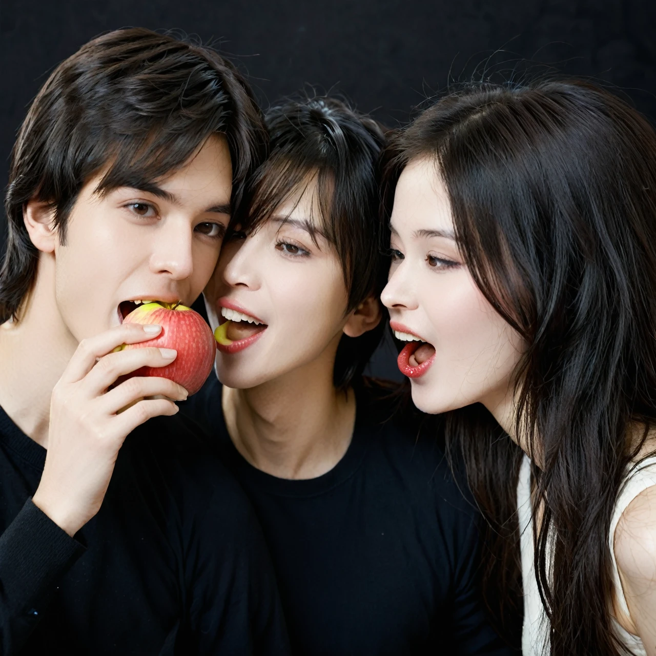 Couple sharing an apple each biting one side young pale dark haired man and woman