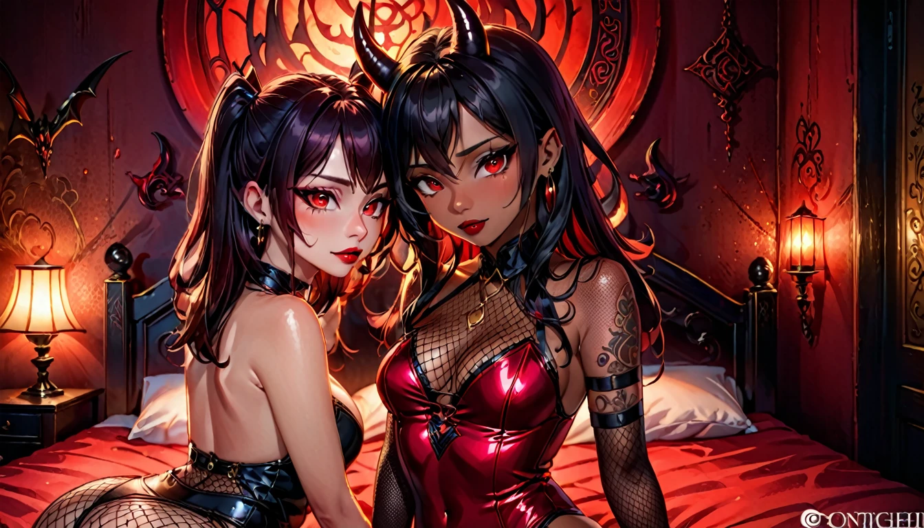 2girls, demon girls, full body, (masterpiece), best quality, highres, 4k, 8k, cinematic lighting, amazing quality, amazing shading, dark lighting, oily skin, pointy ears, demon-skinned, demon horns, dark red lighting, in a dark hell room and lazzy on red bed, night, sexy, long hair, red eyes, dark black hair, larges tattoos, lot of small piercings, blood-red lipstick, wearing tight black, fishnet, intricate detail, extremely detailed, Illustration, official artwork, anime style, wallpaper, official art, 35mm, analog style, a realistic photo, film grain, (photorealistic:0.6), taken by a canon eos r5, ultra detailed skin, ultra detailed face, perfect eyes, small skin imperfections,