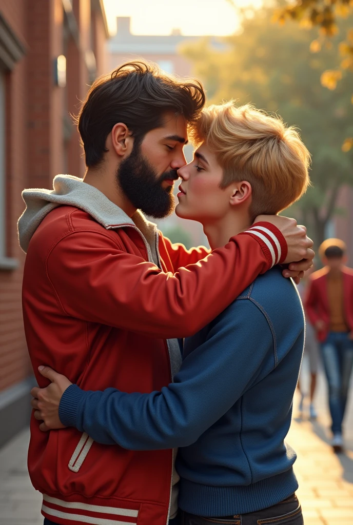 Bearded athlete in red football jacket kissing handsome blond boy in blue sweater in school 80s afternoon gay couple