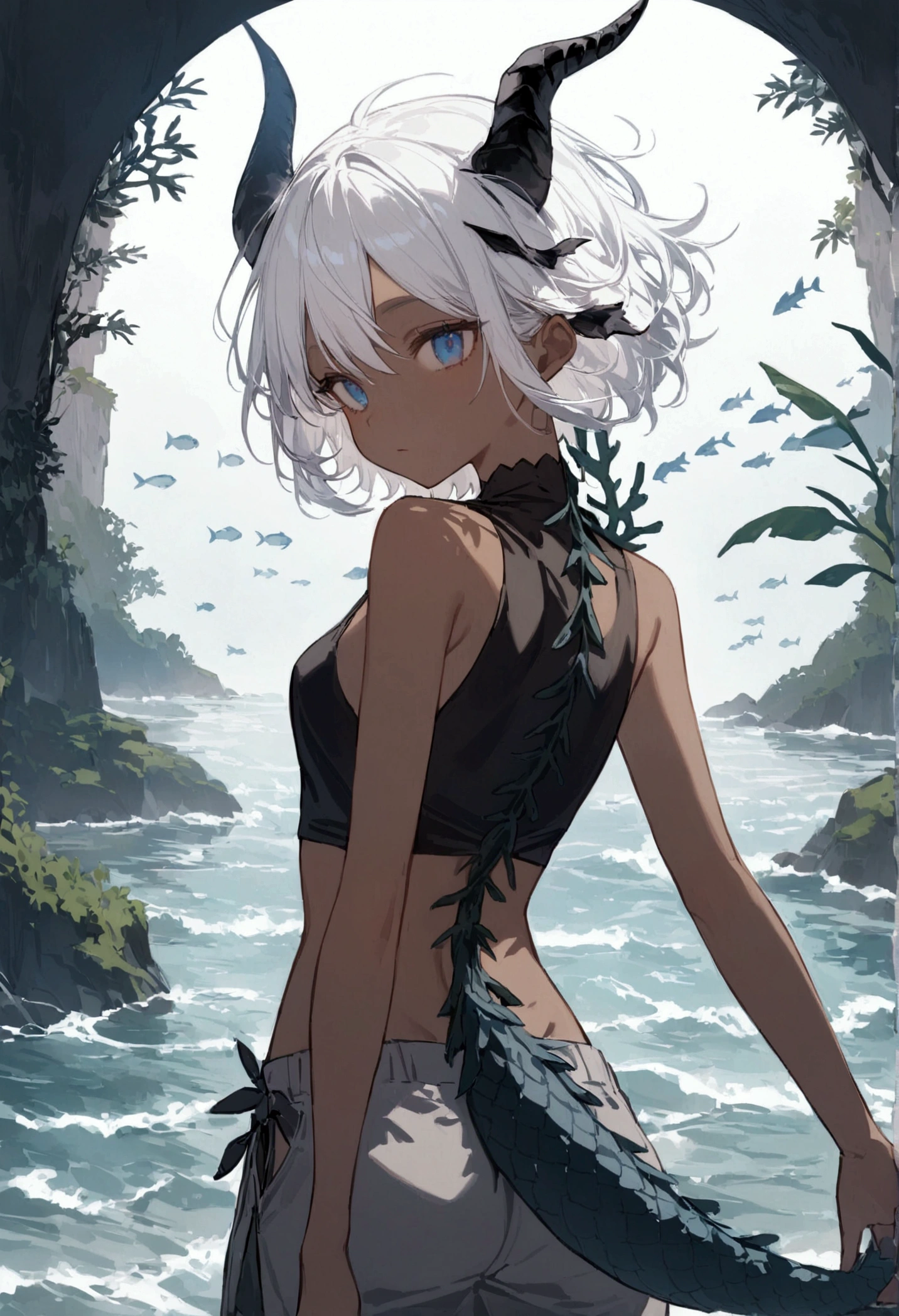 A girl with dark skin, white hair that falls to her shoulders, slightly ruffled, blue eyes, wears a black crop top and gray shorts. Seaweed wraps around her body, and she has a fish-like tail with spines. Black horns adorn its head, and its back is covered in scales. A mysterious and fascinating being.