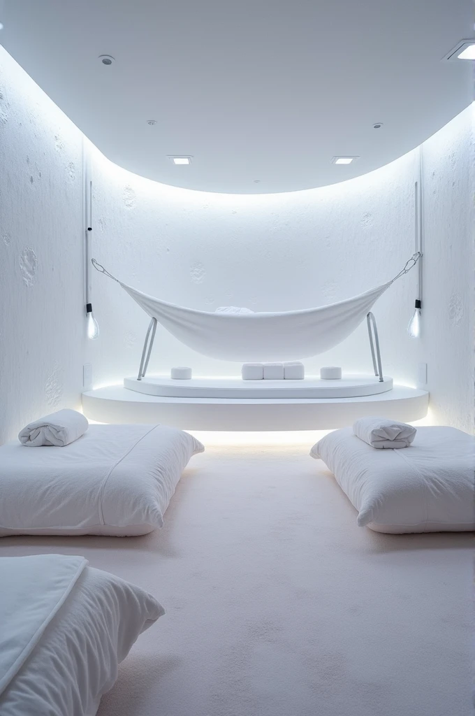 Sensory room for adults, that has massage cushions, hammocks, Aromatherapy, Carpet on the floor, interactive elements, masses or slime to relax that the place is all white