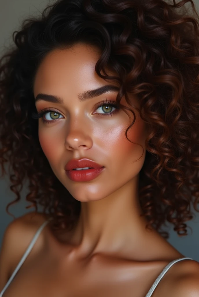 "A highly realistic image of a mixed-race woman with curly brown hair, styled to frame her face. She has captivating green-gray eyes with detailed, expressive irises. Her skin is portrayed with high detail, showing natural texture and subtle shading. She has full, red lips with a glossy finish. Her figure is curvy, featuring a strong bust, a narrow waist, and well-developed hips. The overall look is elegant and confident, with a focus on the realistic details of her skin, eyes, and hair."