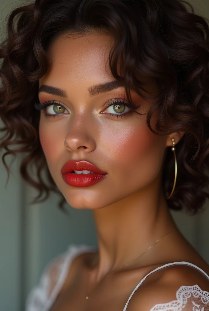 "A highly realistic image of a mixed-race woman with curly brown hair, styled to frame her face. She has captivating green-gray eyes with detailed, expressive irises. Her skin is portrayed with high detail, showing natural texture and subtle shading. She has full, red lips with a glossy finish. Her figure is curvy, featuring a strong bust, a narrow waist, and well-developed hips. The overall look is elegant and confident, with a focus on the realistic details of her skin, eyes, and hair."