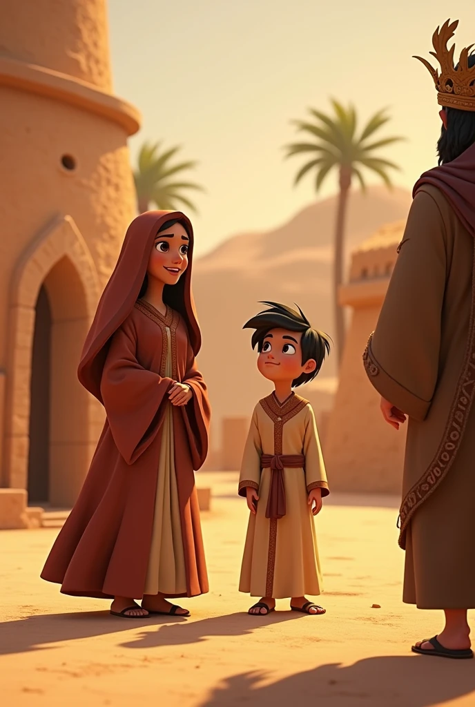  Israelite boy in robe and his mother in robe being presented to an Israelite priest animated pixar