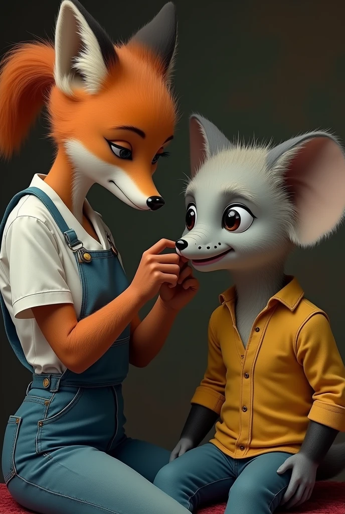 A female fox works as a hairdresser, removing excess hair from the face of a very young elephant wearing a shirt and jeans.
, To persuade, The twenties, Handsome, Detailed face, Looking at the camera, painting, 8K Ultra HD, High quality