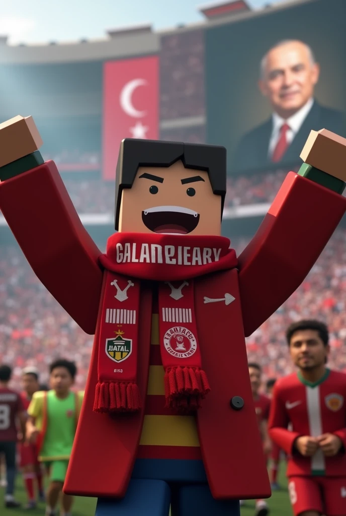 Minecraft Steve went to the Galatasaray Fenerbahçe derby in real life and he celebrates when Galatasaray scores a goal and he has a Galatasaray scarf around his neck and his coat is Galatasaray and there is a huge picture of Ataturk on the back.