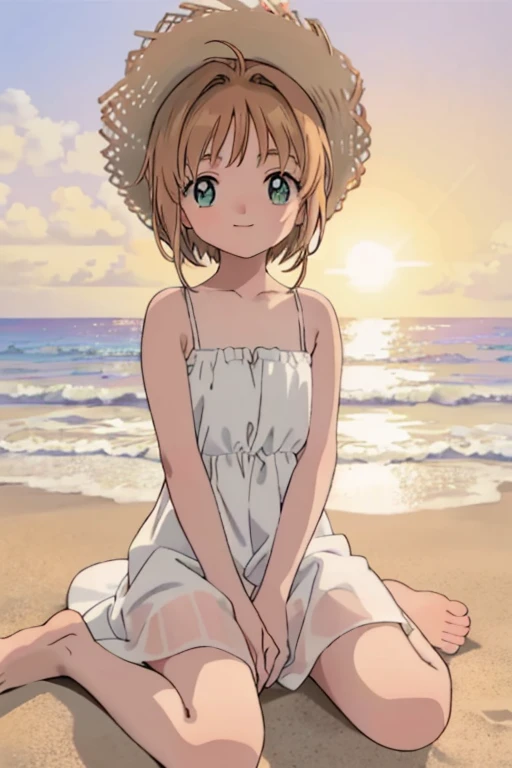High resolution backgrounds,Beautiful background,anime, cute,Beach Sunset,The big sun setting on the horizon, girl,White camisole dress,Chestnut Hair,Short Bob Hair,barefoot,Green Eyes,White straw hat,Lens flare,Sitting flat on the sand,smiling