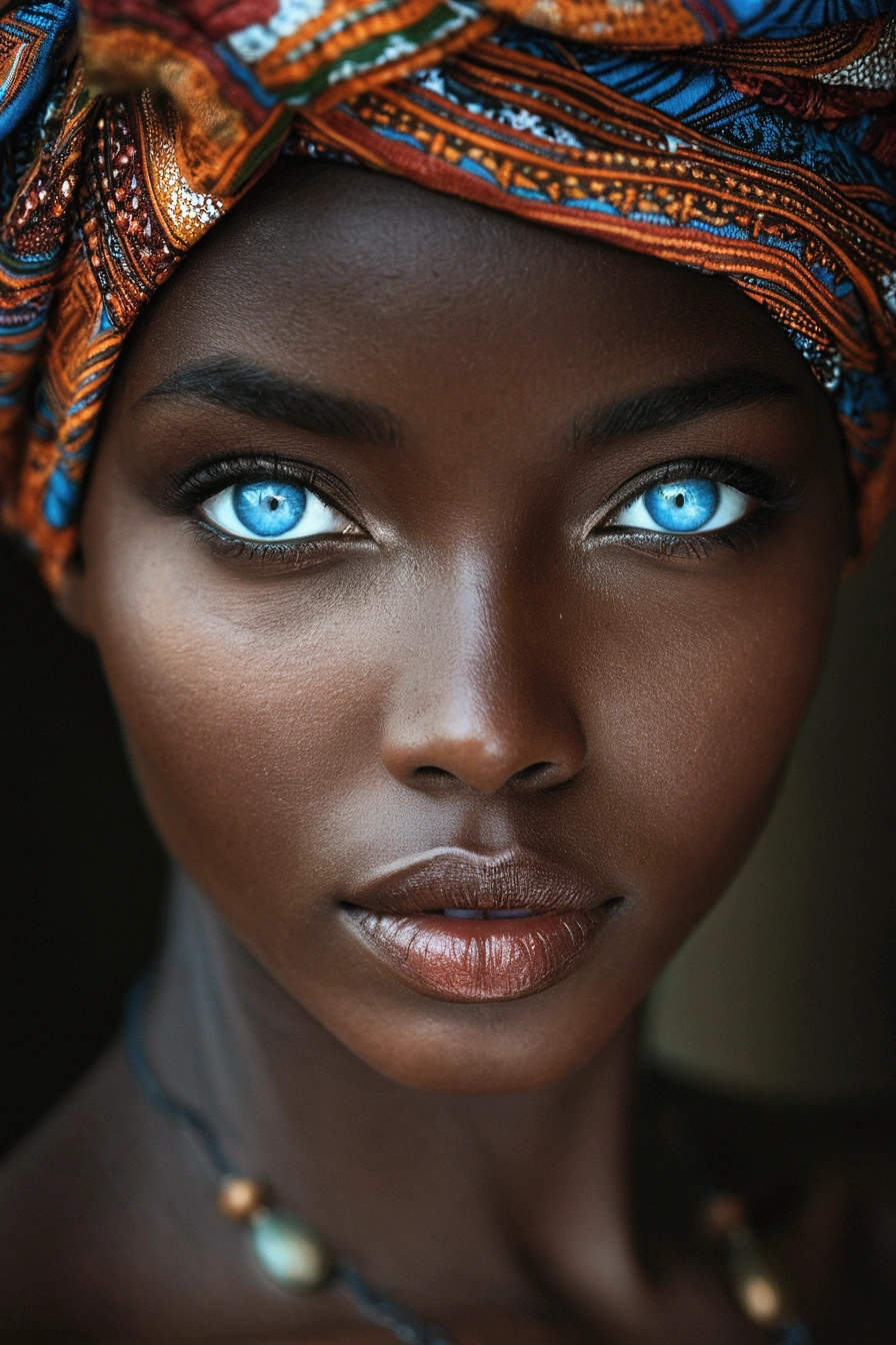 UHD ultra precise 8K digital copy of a arafed woman with blue eyes and a turban on her head, dark skin, dark black skin tone, photo of a beautiful woman, gorgeous woman, stunning eyes, dark black skin, gorgeous beautiful woman, dark skin tone, beautiful portrait, perfect face and eyes, african facial features, dark complexion, extremely beautiful face, perfect blue eyes, very beautiful portrait, black skin