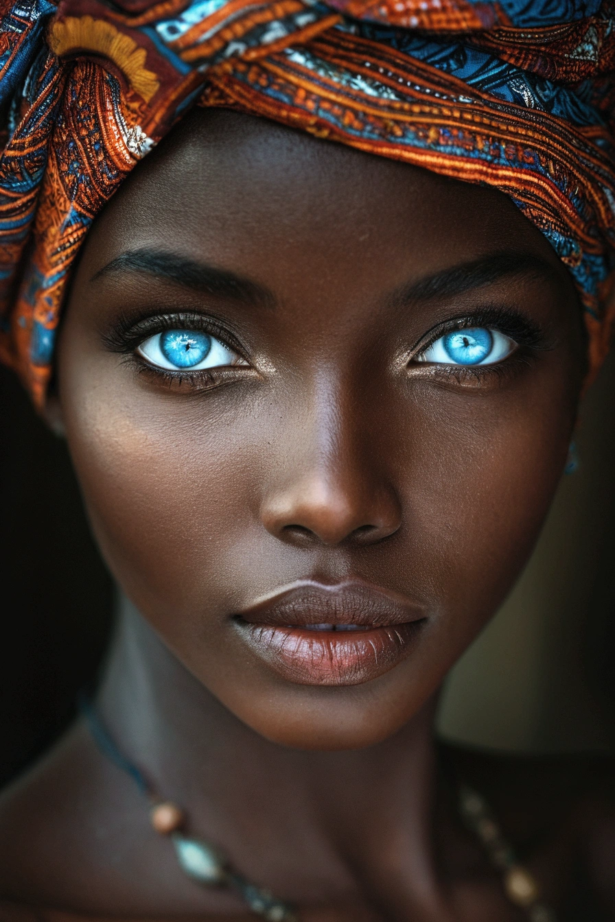 UHD ultra precise 8K digital copy of a arafed woman with blue eyes and a turban on her head, dark skin, dark black skin tone, photo of a beautiful woman, gorgeous woman, stunning eyes, dark black skin, gorgeous beautiful woman, dark skin tone, beautiful portrait, perfect face and eyes, african facial features, dark complexion, extremely beautiful face, perfect blue eyes, very beautiful portrait, black skin