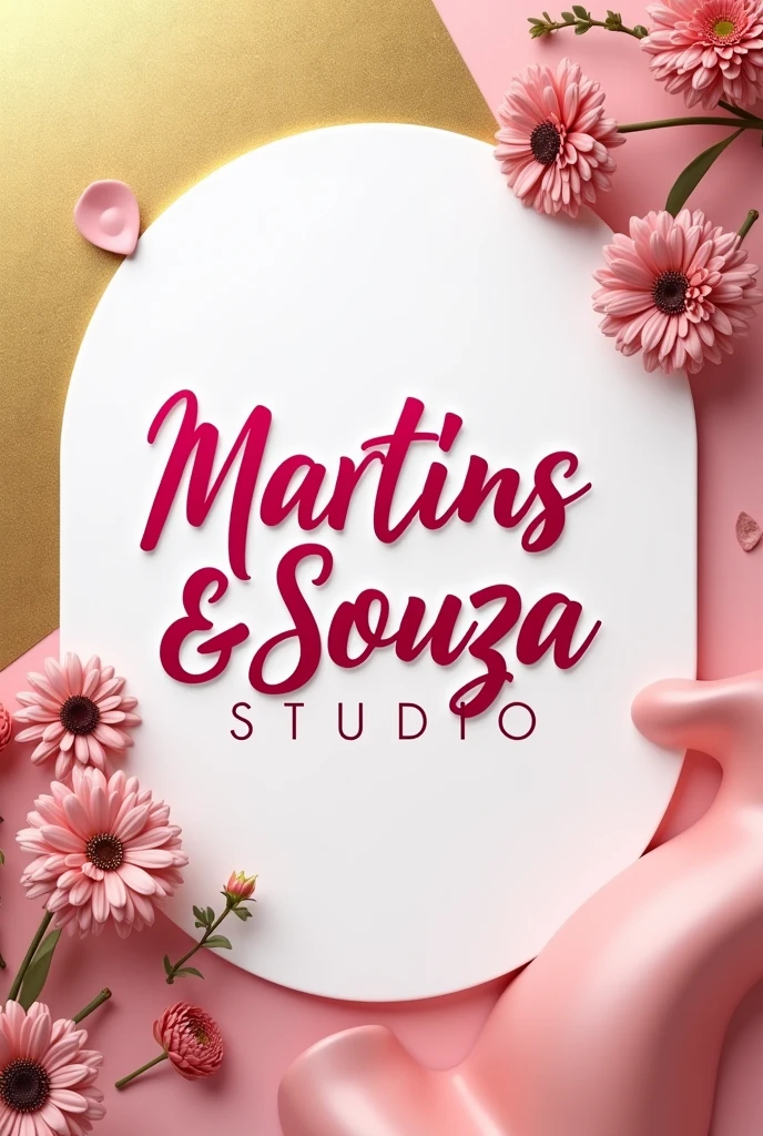 Generate banner with name Martins & Souza Studio, with pink colors, dourado e branco, as eyebrow design studio themes, eyelashes and nails.
