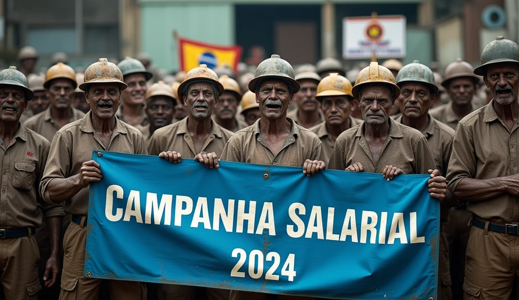 A high-definition Canon DSLR photo of a large group of Brazilian metalworkers zombies, men and women, standing united in front of a factory. Their skin and uniforms are marked with dirt, and they hold a large blue banner with white text that reads "Campanha Salarial 2024". In the background, more workers hold various banners and posters, adding depth and energy to the scene, caveman era. 