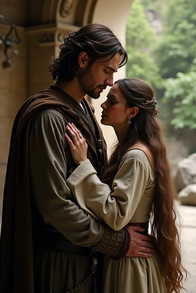 Aragorn and Arwen in Rivendell embracing , her ears have pointed tips, she has exquisite features and high cheekbones, his sword is visible at his side