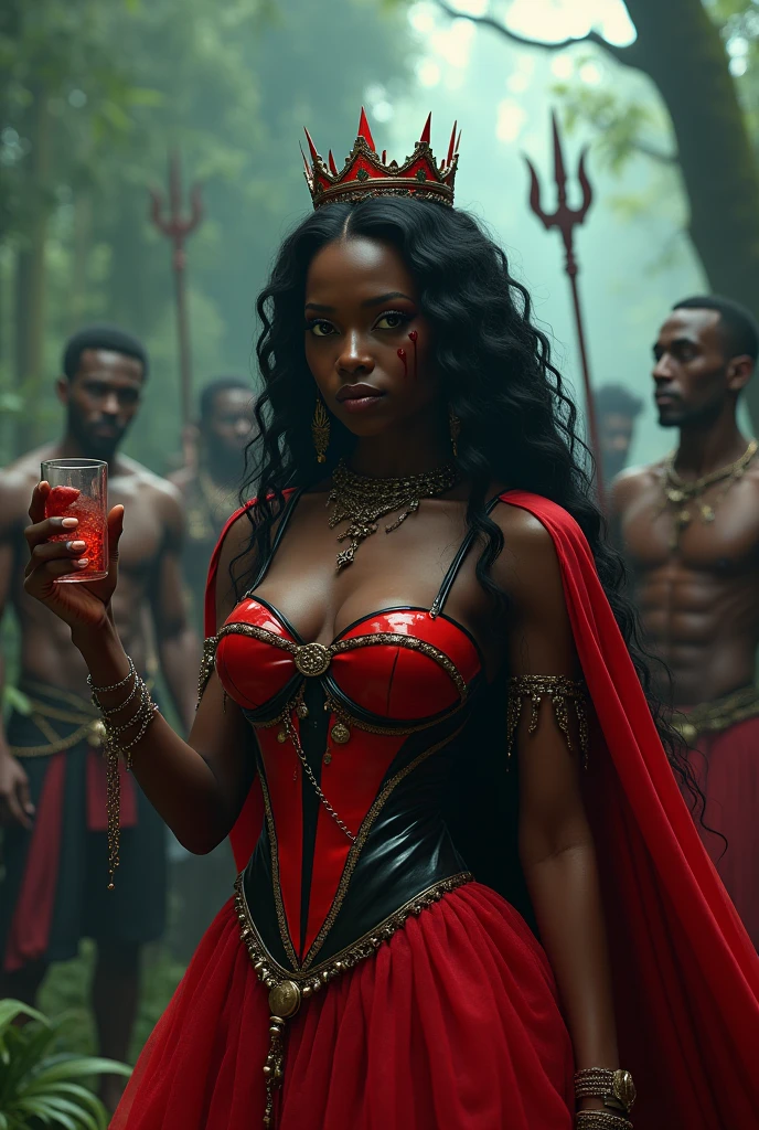 (photorealism:1.2) 2african woman, black tulle, jovial laughter, Sailor Moon Hairstyle,  3 men, red galley and enhro, Layers, barba, long curly wavy black hair, trident, drinking alcohol from a glass cup,  cemetery swamp jungle, Hands with blood, Red and black sexy dress, smoking, red and black cape , queen, fire, small crown, chains, 