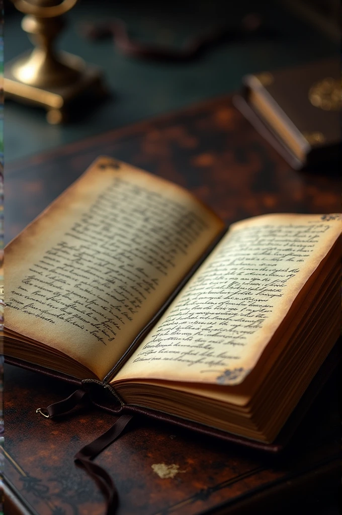 Magic writing notebook with dark wine colored cover, open with yellowed pages and letters that tell a story. 