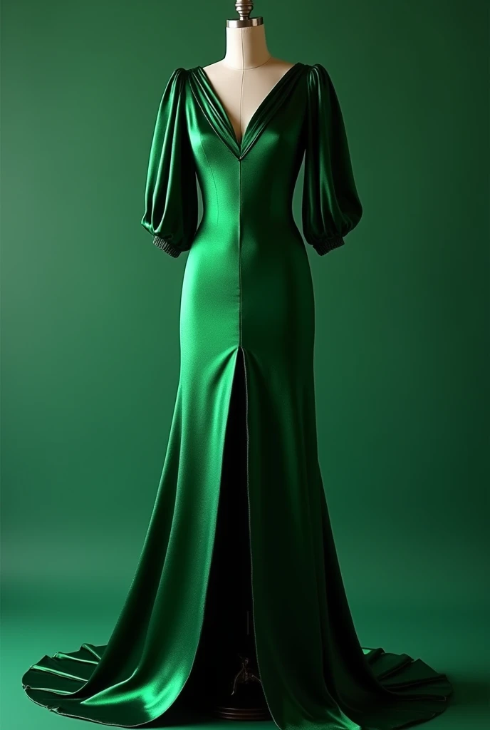 An emerald green dress with a straight cut and dropped sleeves like the movie she and the beast and the green that is Humberto Esmeralda with a lot of shine with a long leg opening