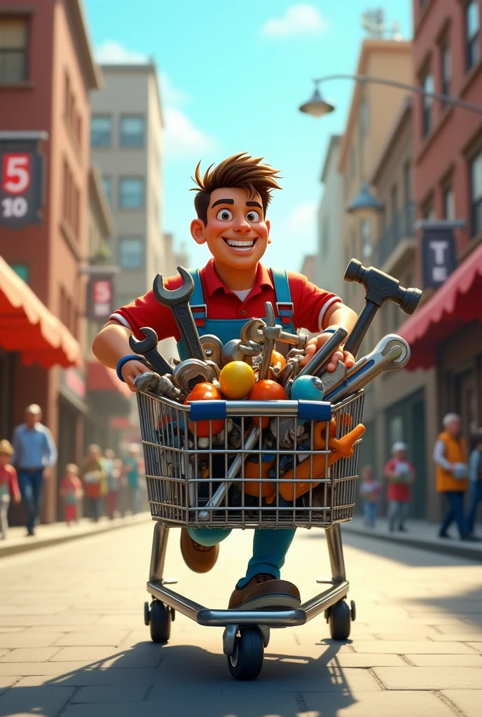Animated man running with his shopping cart full of tools
